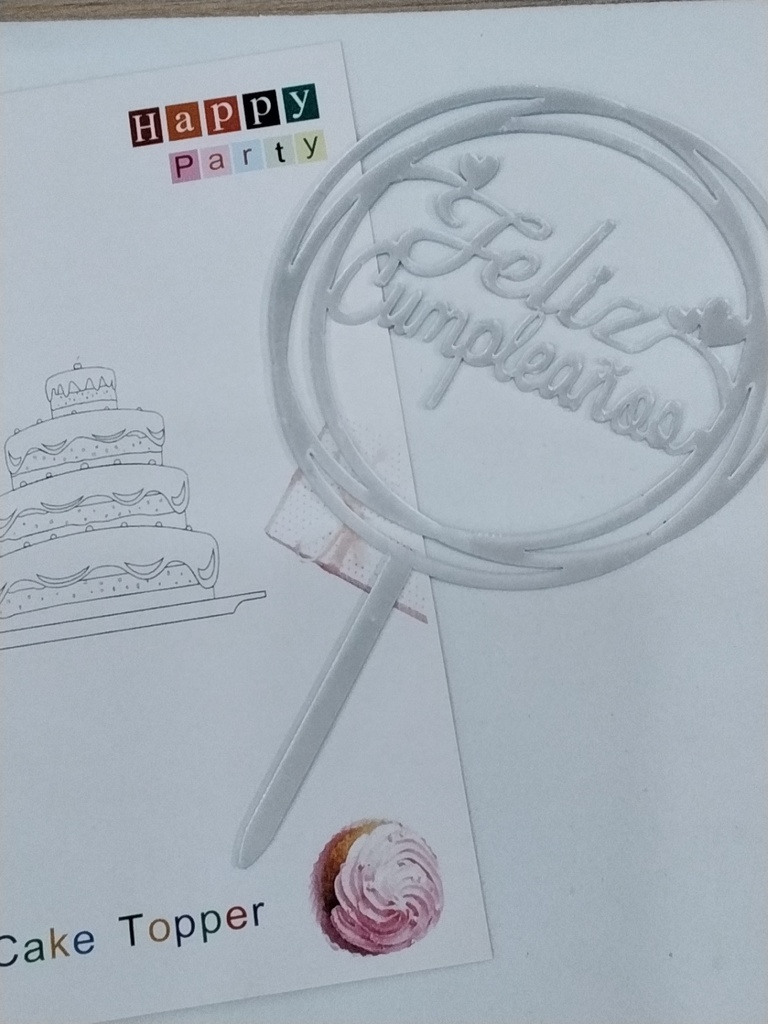 CAKE TOPPER FELIZ CUMPLEAÑOS PEQUEÑO CIRCULAR PLATEADO