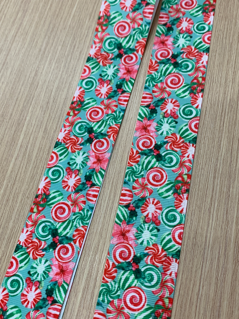 CINTA ESTAMPADA NAVIDAD 1.5" CANDIES ROJO, BLANCO Y VERDE