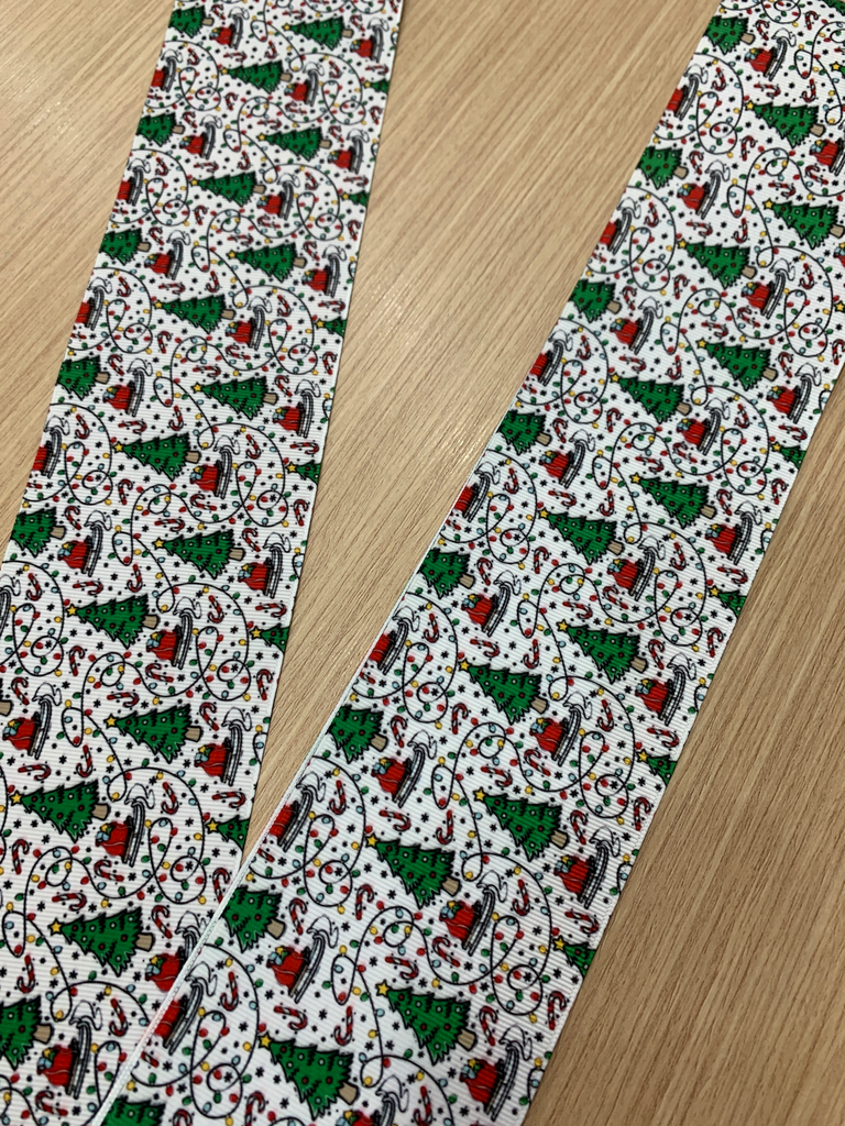 CINTA ESTAMPADA NAVIDAD 3" PINO CON TRINEO Y VARIEDAD DE DISEÑOS FONDO BLANCO