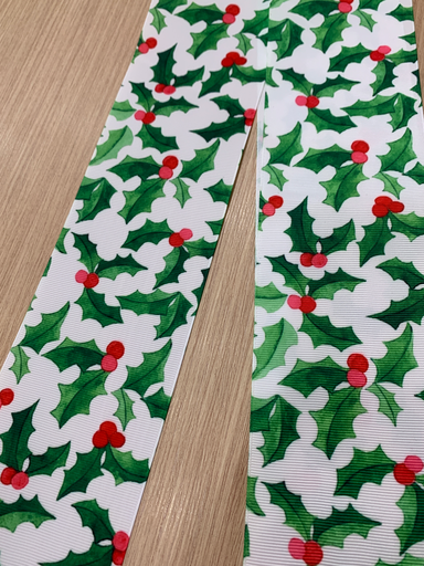 CINTA ESTAMPADA NAVIDAD 3" HOJITAS Y CEREZAS 