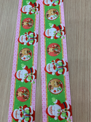 CINTA ESTAMPADA NAVIDAD 2" SANTA Y RENO BORDE COLOR ROSADO