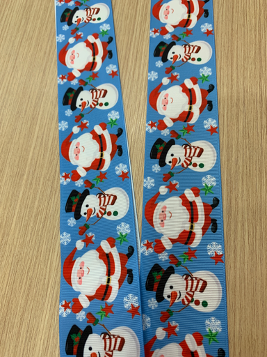 CINTA ESTAMPADA NAVIDAD 2" SANTA Y MUÑECO DE NIEVE FONDO COLOR CELESTE