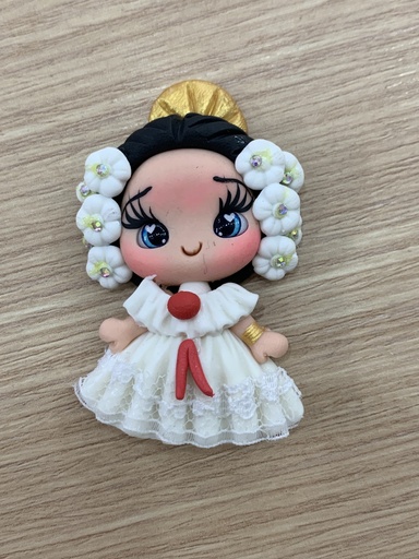 APLIQUE PORCELANA FRÍA  TÍPICO POLLERAS TRAJE BLANCO CON POMPÓN ROJO  5CM 