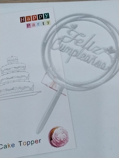 CAKE TOPPER FELIZ CUMPLEAÑOS PEQUEÑO CIRCULAR PLATEADO