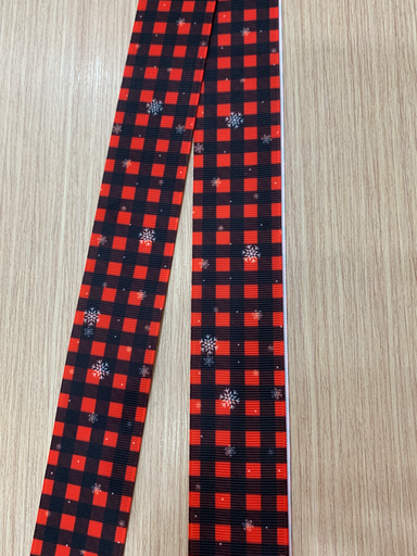 CINTA ESTAMPADA NAVIDAD 1.5" CUADROS ROJO Y NEGRO COPITOS BLANCO