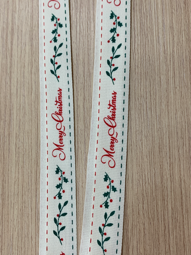 CINTA ESTAMPADA NAVIDAD 5/8” MERRY CHRISTMAS CON  HOJITAS FONDO CREMA
